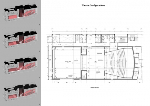 Theatre configuration: 1) In this configuration, only the proscenium theatre is operational. This frees up the community theatre to host activities such as a community market, gallery, or as a rear stage to the main stage. 2) Both theatres operate as a single performance venue. 3) The community theatre may serve as a deep stage for performances that require additional depth to accommodate more scenes and activities. 4) The two theatres may also operate simultaneously. The acoustic separation is closed by sound attenuating doors, which also serve as a 2-hour fire separation