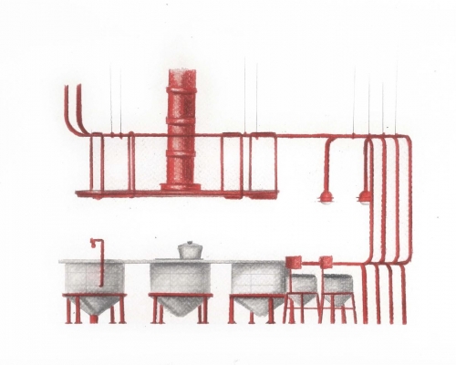 The kitchen island uses the refining equipment as counters and the red pipes emerge to create a table, light fixtures, and the exhaust.