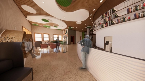 Perspective view of the Eastern side of the second floor facing South