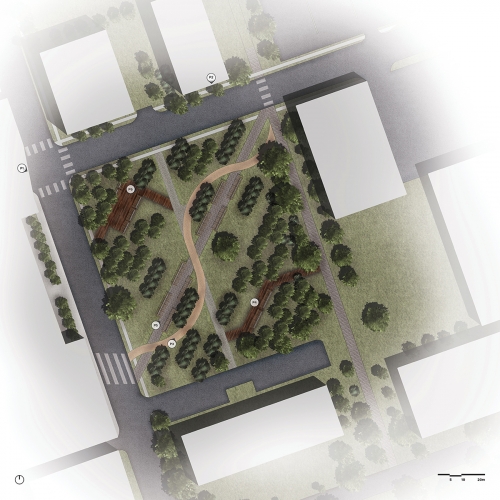 Rendered site plan with perspective location tags