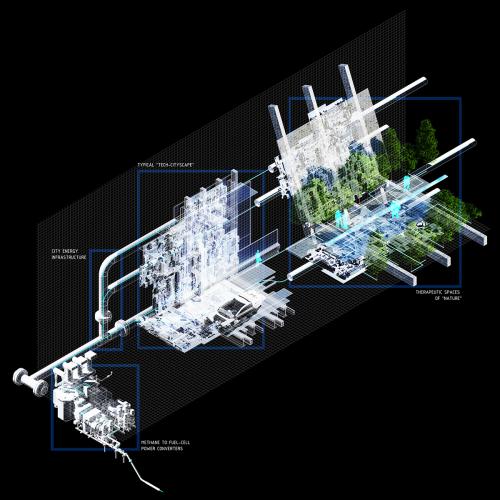 Collage work describing the progression from a 'tech' environment to a 'therapeutic' space