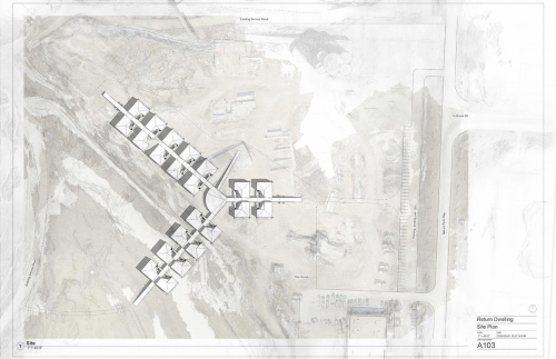Site Plan with point cloud and drawing underlays. Twenty-two units located around paths that lead out to the place, retaining, washing away, and bridging the site topography