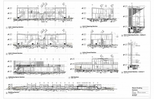 Various building, gathering space, unit, and wall sections, inhabited