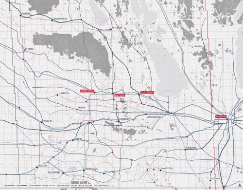Map of southwestern Manitoba railroad infrastructure