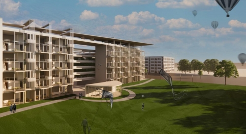 Render of the façade facing the parkscape field. 