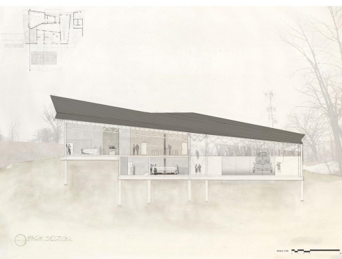 Back section with the steel columns to distinguish and separate the ramped walkway from the boat wash area. Columns and trusses support the metal roof assemblage that acts as a shell-like exoskeleton