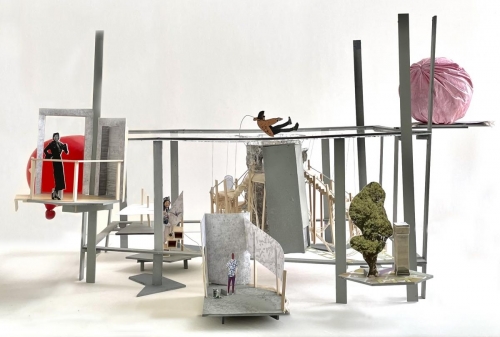 Physical model of initial Snakes and Ladders scheme, with follies enlarged to highlight particular moments and details within the space.