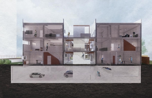Building section showing the form and courtyard, but more importantly, the proximity and overlap of various dwellers.
