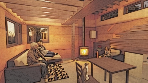 A family enjoys each other’s company in the living area around a warm wood stove