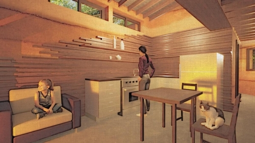 A wooden service wall separates the cooking area from the living space, while hiding electrical and plumbing