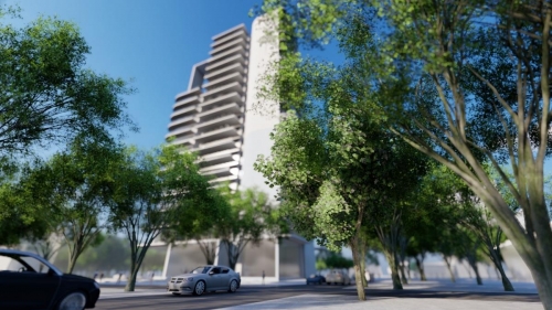 Building exterior render from Assiniboine view