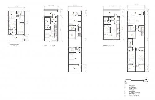 Plan drawings of the three types of apartment units (1-bedroom, 2-bedroom, 3-bedroom)