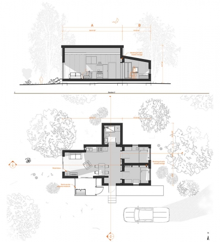 Plan/Section of an assembled home using all modules