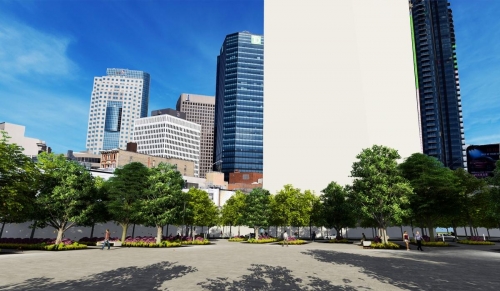 Looking into the plaza from the southwest corner with a view of the downtown buildings