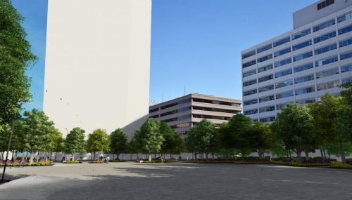 Looking into the plaza from the northwest corner with a view of the Winnipeg Police Headquarters Building as well as other downtown buildings