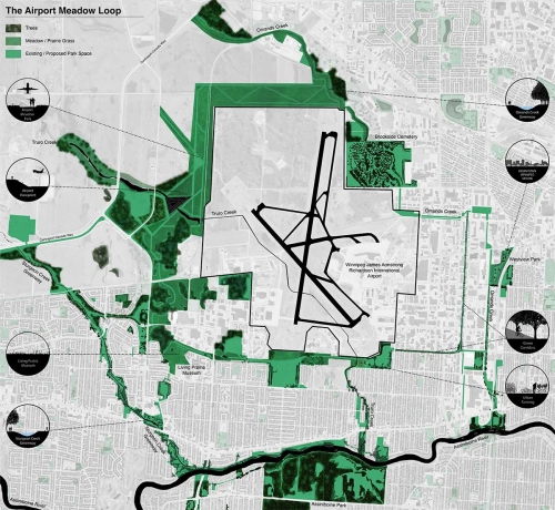 Urban design strategy creating green corridors and parks while connecting important destinations around the airport