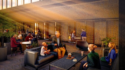 Family visiting the residents in the gathering space, a café diner, connected to the greenhouse, precast tilted wall panels and lofted slabs contrast thin glass windows