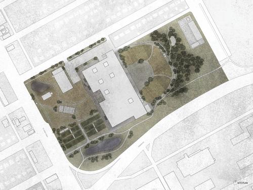 The final site plan of the retrofitted big box store. The surface parking lot is revitalized into natural prairie landscape and community gardens