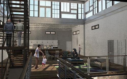 An interior view of the kitchen courtyards found within the residential space of the project