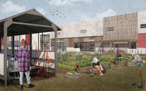 An exterior view of the box store that highlights the conversion of a parking lot into community garden plots