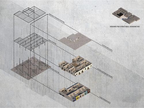 An axonometric of the proposed housing pods